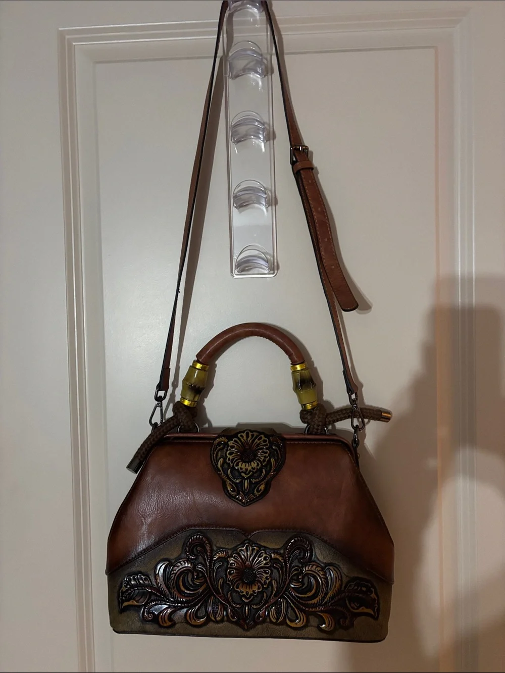 Brown Tooled Leather Satchel Handbag - Adjustable Strap